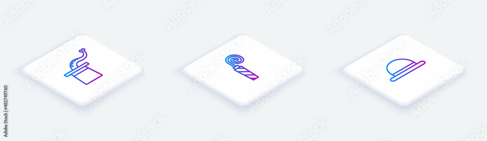 Set Isometric line Magician hat, Birthday party horn and Clown. White square button. Vector Set Isometric line Magician hat, Birthday party horn and Clown. White square button. Vector