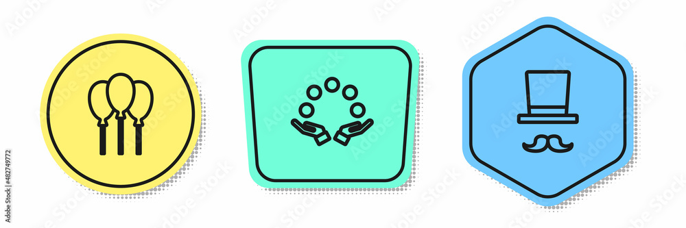 Set line Balloons with ribbon, Juggling ball and Magician. Colored shapes. Vector Set line Balloons with ribbon, Juggling ball and Magician. Colored shapes. Vector