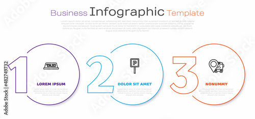 Set line Taxi car roof, Parking and Location with bus. Business infographic template. Vector