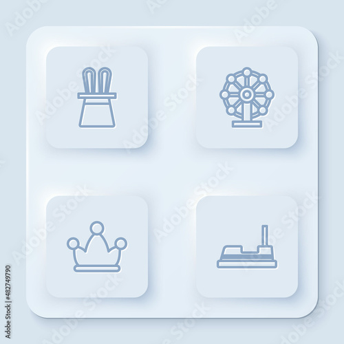 Set line Magician hat and rabbit ears, Ferris wheel, Jester with bells and Bumper car. White square button. Vector