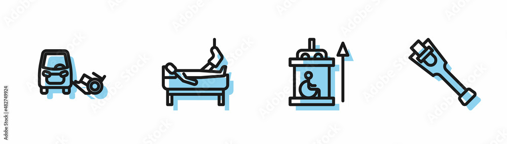 Set line Elevator for disabled, Disabled car, Patient with broken leg and Prosthesis icon. Vector Set line Elevator for disabled, Disabled car, Patient with broken leg and Prosthesis icon. Vector