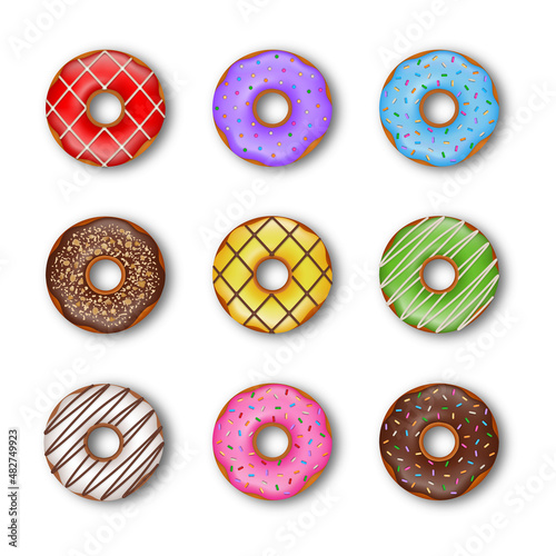 Set of isolated donuts. colorful doughnut illustration. top view