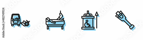 Set line Elevator for disabled, Disabled car, Patient with broken leg and Prosthesis icon. Vector