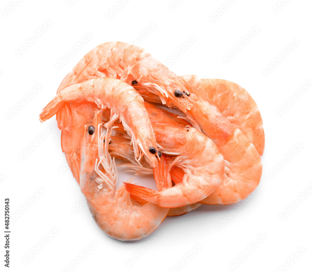 Tasty whole shrimps on white background Tasty whole shrimps on white background