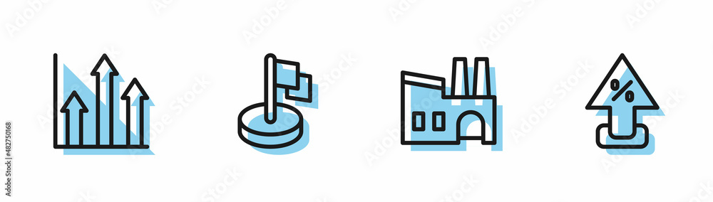 Set line Factory, Pie chart infographic, Flag and Percent up arrow icon. Vector Set line Factory, Pie chart infographic, Flag and Percent up arrow icon. Vector