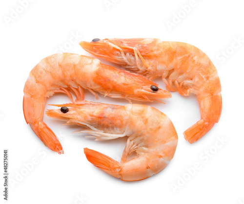 Tasty whole shrimps on white background