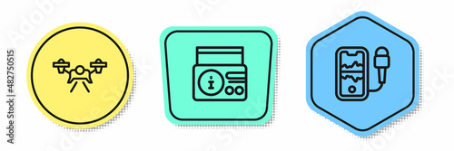 Set line Drone, News radio channel and Mobile recording. Colored shapes. Vector