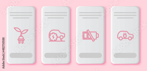 Set line Electric saving plug in leaf, car service, Low battery and . White rectangle button. Vector