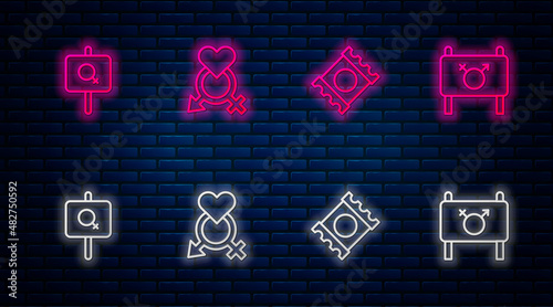 Set line Gender, Condom in package, Feminist activist and . Glowing neon icon on brick wall. Vector