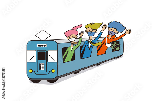 電車の窓から手を振る人