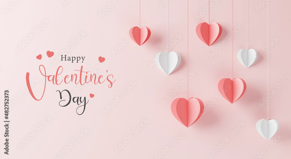 Happy valentine day. Paper art design. Pink and white heart with background. 3d rendering