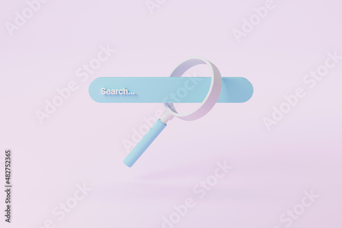 Search bar and magnifying glass on pink background. Searching information data on internet networking concept. 3d illustration