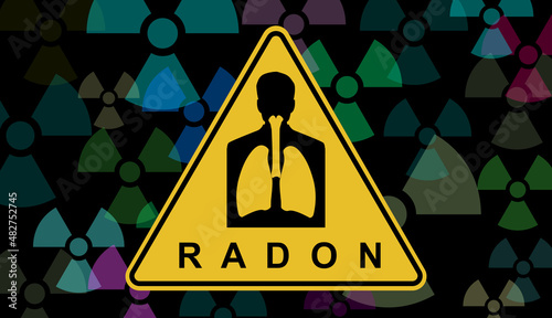 RADON. Alert signal, danger, possible lung cancer. A contaminant that affects indoor air quality worldwide. ILLUSTRATION with reference to background radiation. Noble gas. Random Symbols Fund.