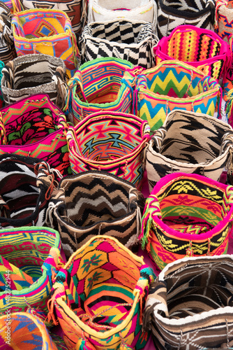 High angle shot of handcrafted wayu typical colombian bags- Street market. High quality photo