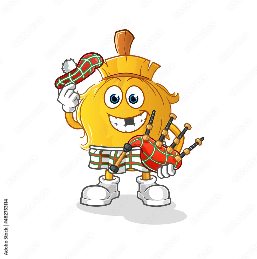 Naklejka premium broom scottish with bagpipes vector. cartoon character