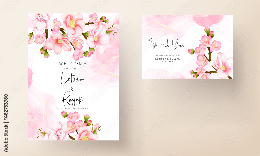 wedding invitation card set with beautiful pink flower