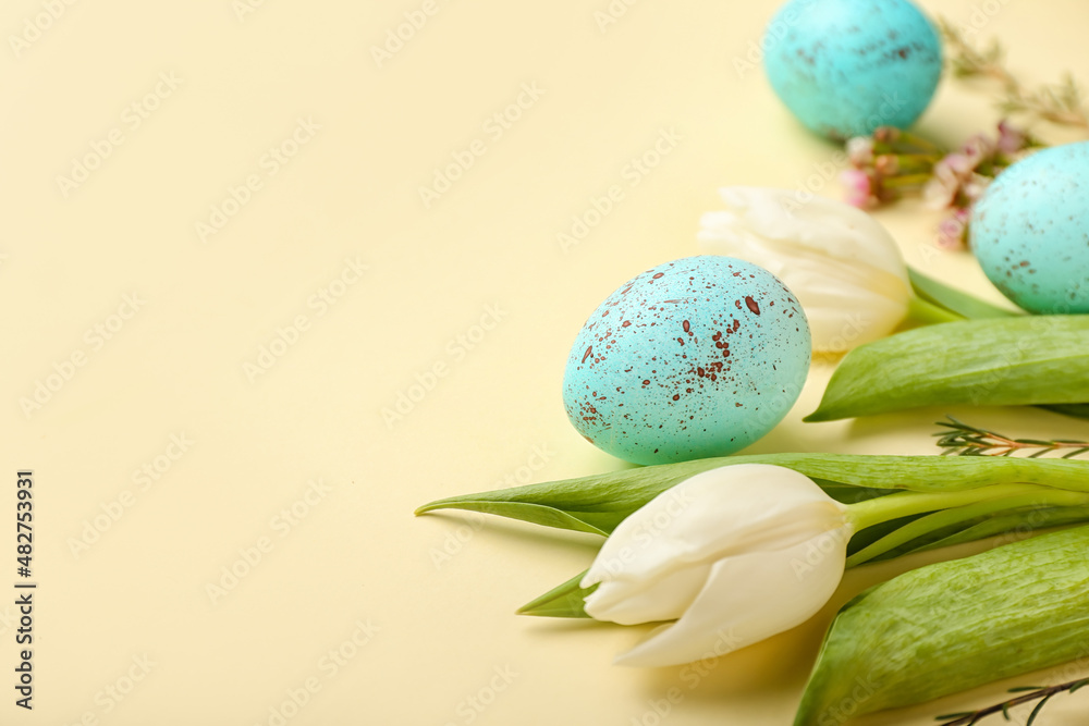 Composition with beautiful Easter eggs and spring flowers on color background, closeup Composition with beautiful Easter eggs and spring flowers on color background, closeup