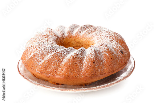 Plate with tasty Easter cake on white background