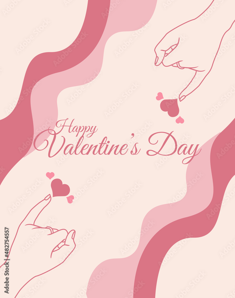 Love vector poster template. Valentine's Day greeting card with the lineart of a pair of hands and a heart on a red background. Vector illustration.