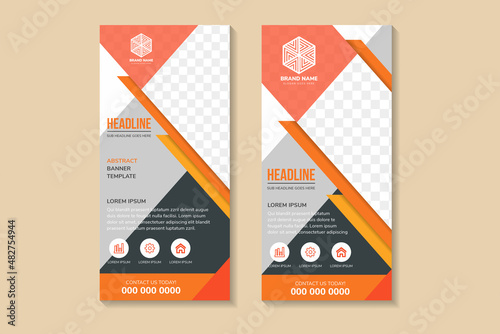 Set of multicolor orange square Business Roll Up Banner flat design template ,Abstract Geometric background. white, grey and black background. diagonal space for photo.