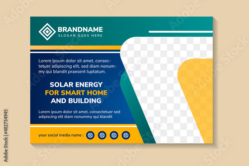 solar energy for smart home and building flyer design template. Gold and green elements in horizontal Layout. business leaflet blue cover Presentation Modern background. diagonal space for photo.
