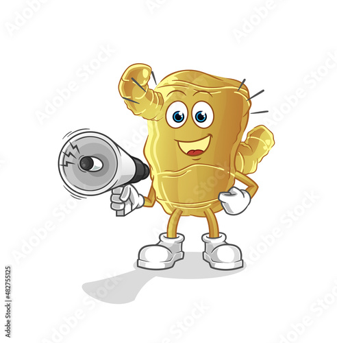 Ginger holding hand loudspeakers vector. cartoon character
