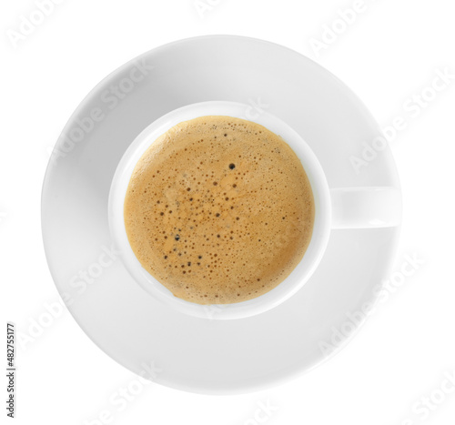 Cup of tasty coffee isolated on white  top view