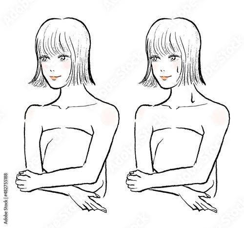 サウナで汗をかく上半身の女性イラスト。ボブヘアでの女性。