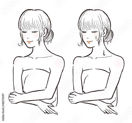 サウナで汗をかく上半身の女性イラスト。ロングヘアで目を閉じている。