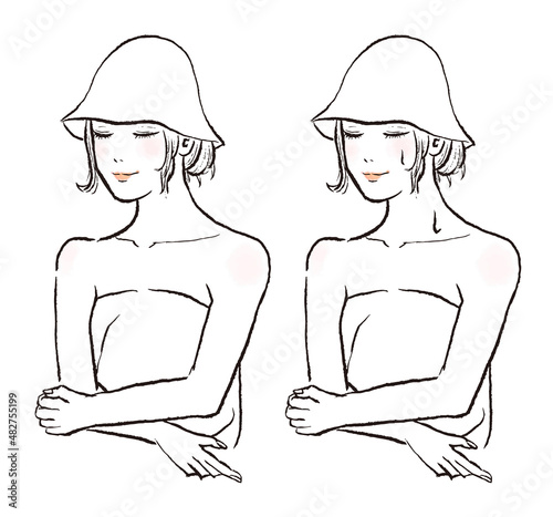サウナで汗をかく上半身の女性イラスト。ロングヘアでサウナハットをかぶり目を閉じている。