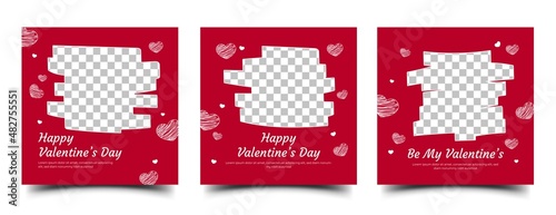 Set of Valentine's square banner design template. Red background with love decoration. Vector design with place for the photo. Usable for social media post, card, banner, and web