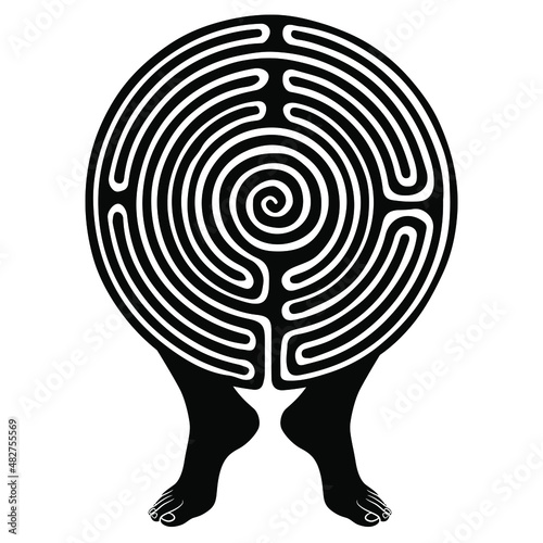Round spiral maze or labyrinth symbol on two bare human feet. Black and white silhouette. Creative funny concept.