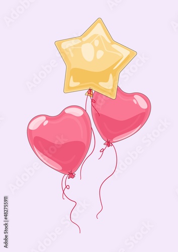 Balony w kształcie serca i w kształcie gwiazdki. Wektorowa ilustracja imprezowych baloników wypełnionych helem w radosnych kolorach. Dekoracje na urodziny, baby shower, walentynki, uroczystość.