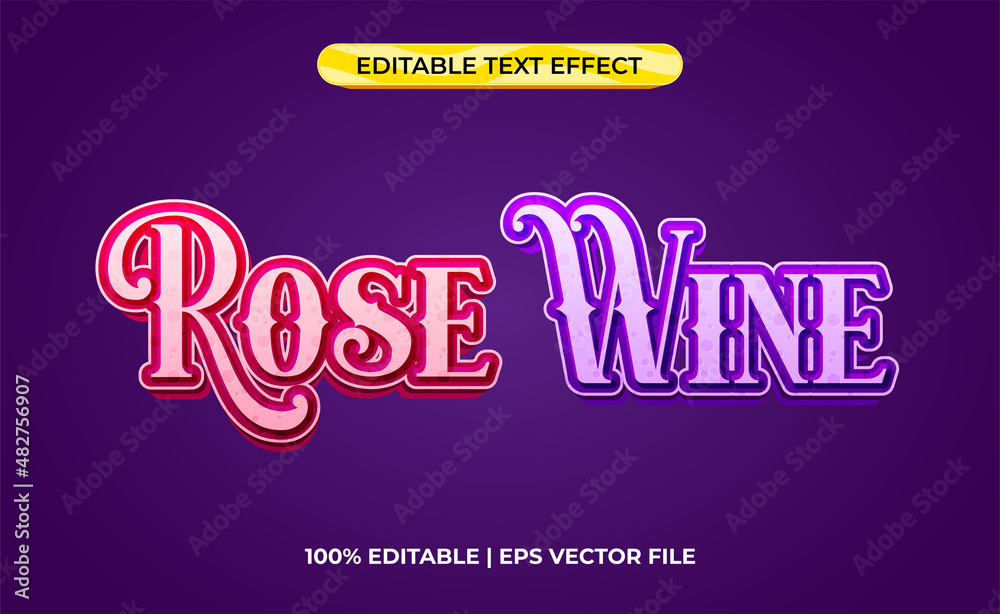 Rose wine 3d text effect with rose and wine theme. typography template