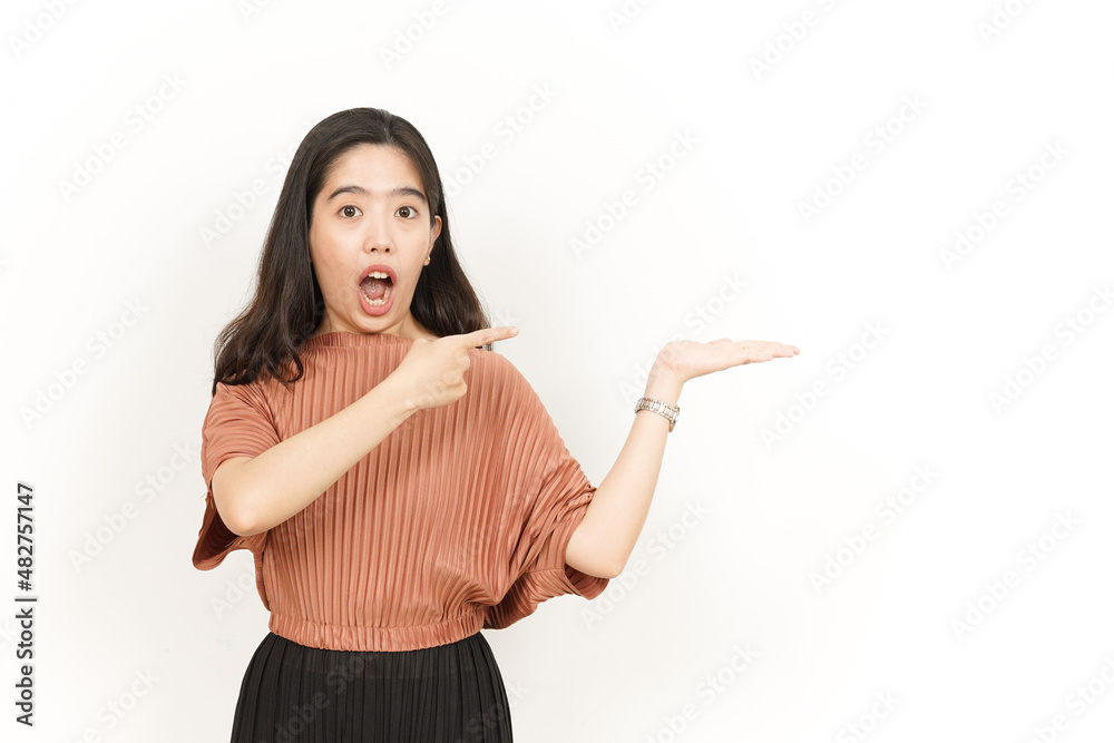 Showing Product on open palm Of Beautiful Asian Woman Isolated On White Background Showing Product on open palm Of Beautiful Asian Woman Isolated On White Background
