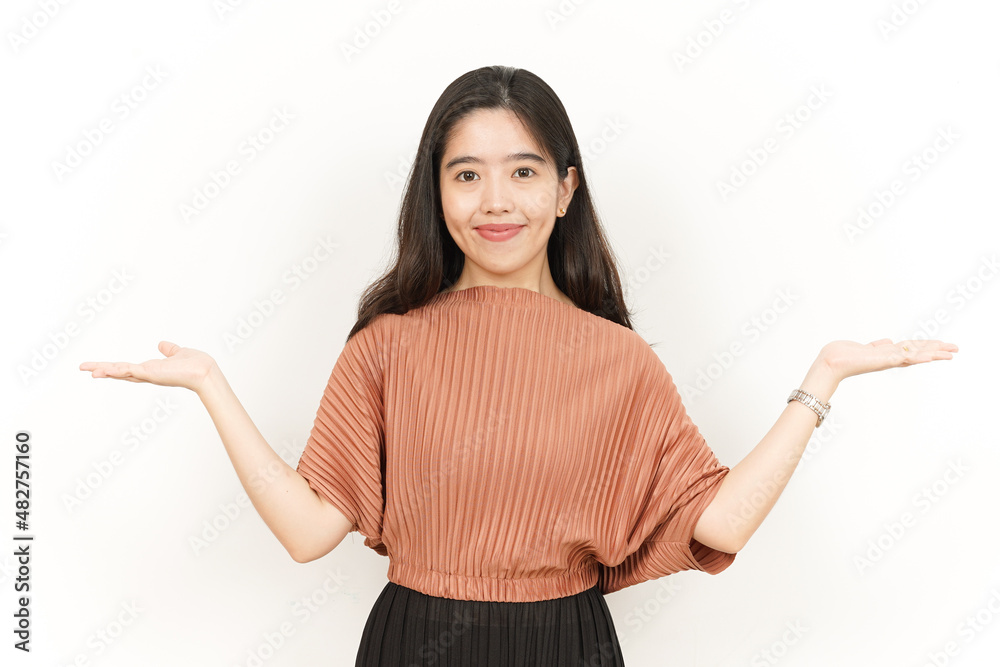 Showing and Presenting Two Product on Open Palm Of Beautiful Asian Woman Isolated On White Showing and Presenting Two Product on Open Palm Of Beautiful Asian Woman Isolated On White