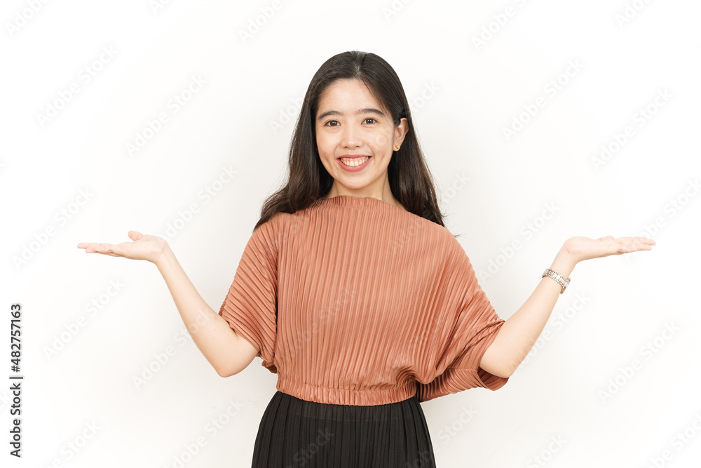 Showing and Presenting Two Product on Open Palm Of Beautiful Asian Woman Isolated On White Showing and Presenting Two Product on Open Palm Of Beautiful Asian Woman Isolated On White