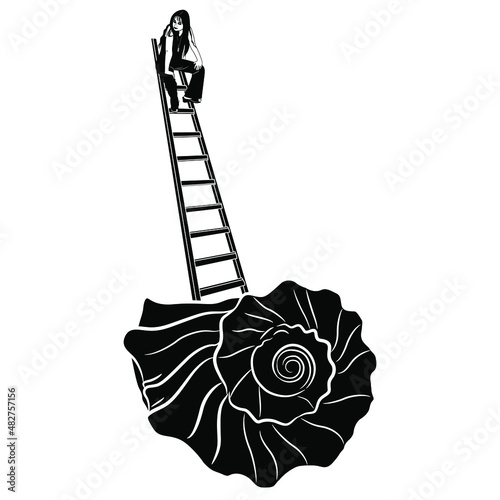 Young modern woman sitting on top of a stepladder leading up from an empty seashell. Creative concept for leaving comfort zone. Black and white silhouette.