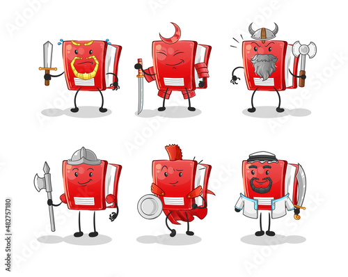 book warrior group character. cartoon mascot vector
