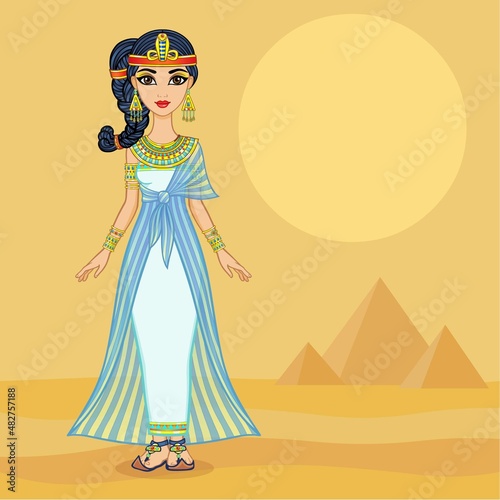 Animation Egyptian princess in ancient clothes and gold jewelry. Hair locon of youth. Queen, goddess, princess. Full growth. Vector illustration. Background - desert landscape, pyramids.