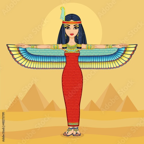 Animation portrait of ancient Egyptian goddess Maat in a wig with a bird wings. Full growth. Vector illustration. Background - desert landscape, pyramids.