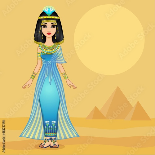 Animation portrait Egyptian  girl in ancient clothes with a papyrus flower on the head. Queen, goddess, princess. Full growth. 
 Vector illustration. Background - desert landscape, pyramids.