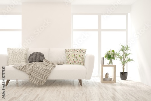 White living room with sofa. Scandinavian interior design. 3D illustration