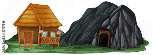 A cottage beside a rock cave