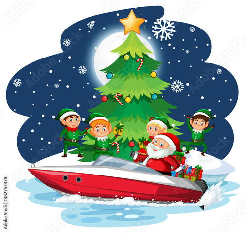 Santa Claus and elves on a speedboat at snowy night