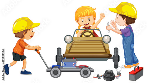 Children repairing a car together