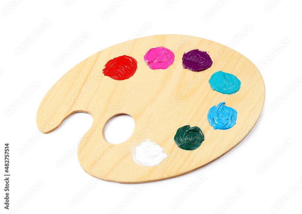 Wooden artist's palette with samples of paints isolated on white Wooden artist's palette with samples of paints isolated on white