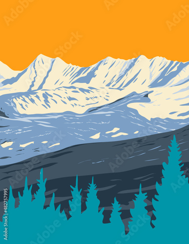 WPA Poster Art of Vail Mountain ski area located in Vail, Colorado, United States USA done in works project administration style or federal art project style. photo