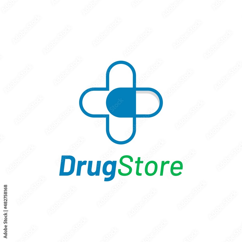Drug store logo design vector. Logo combination of capsule pill with cross symbol 