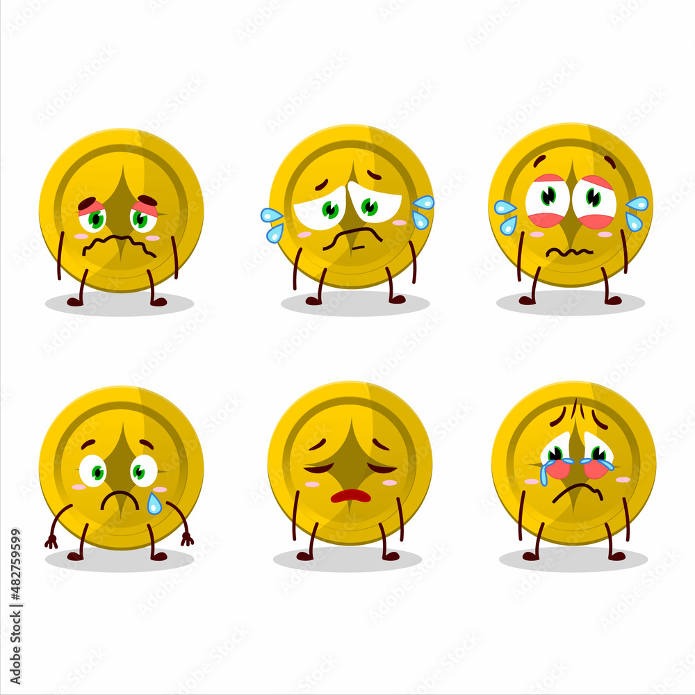 Gold coin cartoon character with sad expression Gold coin cartoon character with sad expression